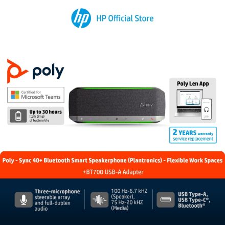 ภาพสินค้า Poly Sync 40+ Microsoft Teams Certified USB-A USB-C Speakerphone +BT700 USB-A Adapter HP แท้