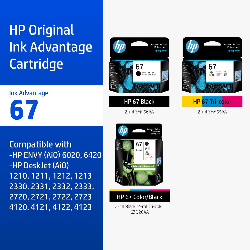 ตลับหมึกHP 67 | หมึกปริ้นเตอร์เลเซอร์ สี / สีดำ Original Ink Advantage Cartridge HP Flagship Store
