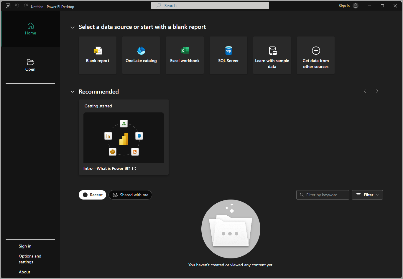 หน้าตาโปรแกรมจริงตอนเปิดขึ้นมาครั้งแรก Power BI Desktop Startup Splash Screen พร้อมปุ่ม Sign in และ Get Data