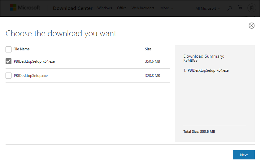 หน้าต่างเลือกไฟล์ดาวน์โหลด PBIDesktopSetup_x64.exe จากเว็บไซต์ Microsoft Download Center