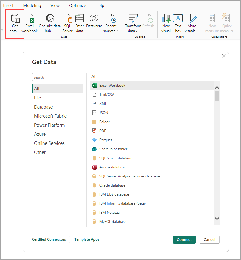 หน้าต่าง Get Data ใน Power BI Desktop แสดงหมวดหมู่แหล่งข้อมูล File Database Power Platform Azure Online Services