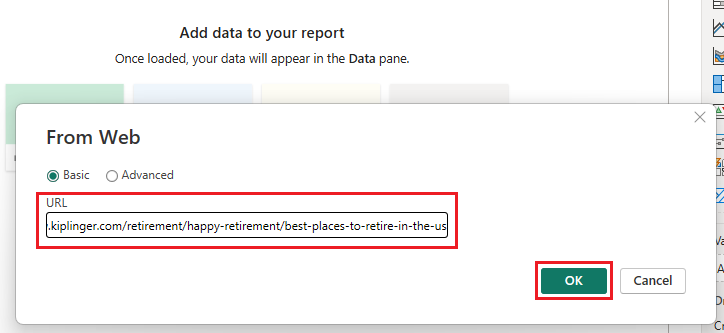 หน้าต่าง From Web ใน Power BI Desktop สำหรับวางลิงก์ URL หน้าเว็บที่ต้องการดึงตารางข้อมูล