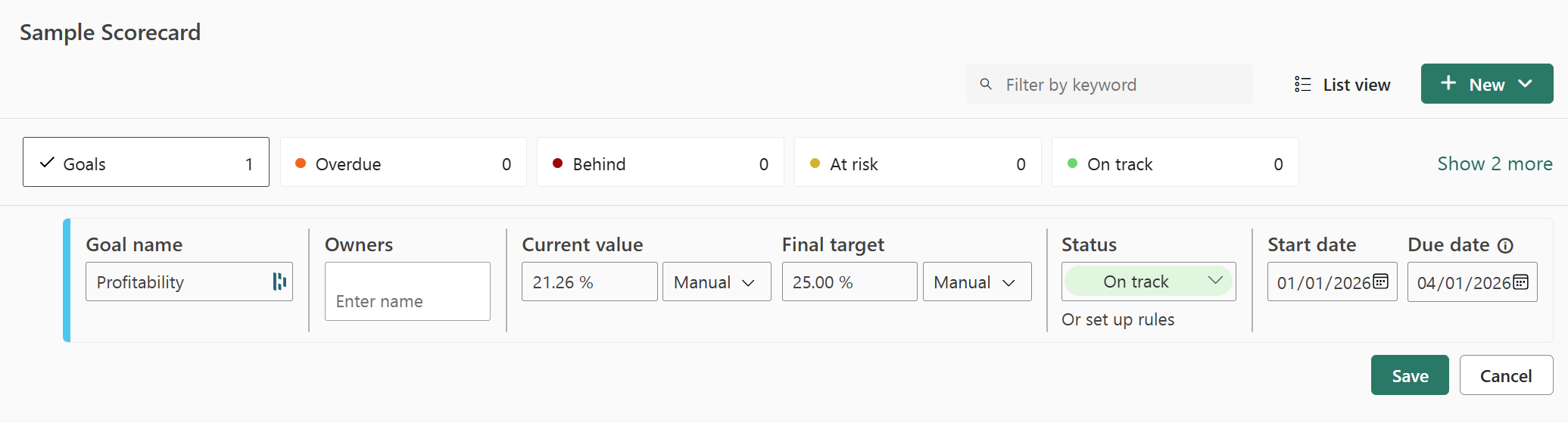 การตั้งค่า Goal Name ผู้รับผิดชอบ เจ้าของเป้าหมาย ค่าปัจจุบัน และเป้าหมาย Target ใน Power BI