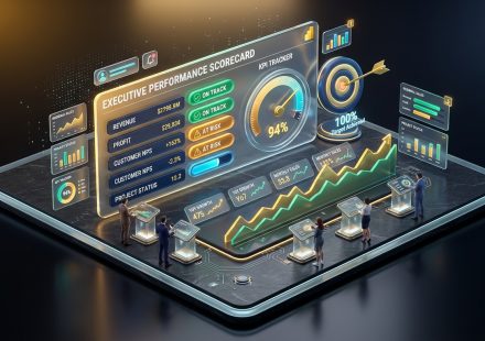 ภาพปกบทความการสร้างระบบติดตามผลการดำเนินงาน ด้วย Power BI Metrics และ Scorecards สไตล์ 3D Isometric
