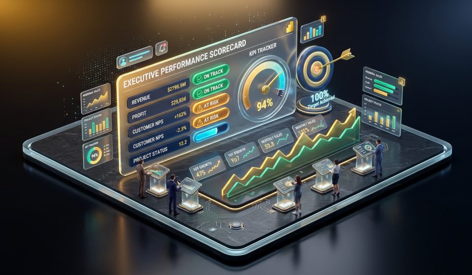 ภาพปกบทความการสร้างระบบติดตามผลการดำเนินงาน ด้วย Power BI Metrics และ Scorecards สไตล์ 3D Isometric