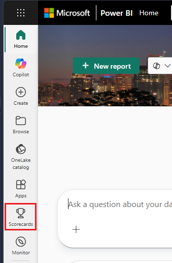 หน้ารวม Scorecards ใน Power BI แสดงรายการตัวชี้วัดและป้ายสถานะสี