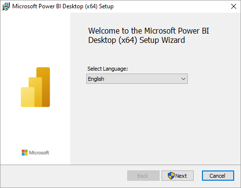 หน้าต่างหน้าตาโปรแกรมจริง Microsoft Power BI Desktop x64 Setup Wizard ตอนเริ่มต้นติดตั้ง