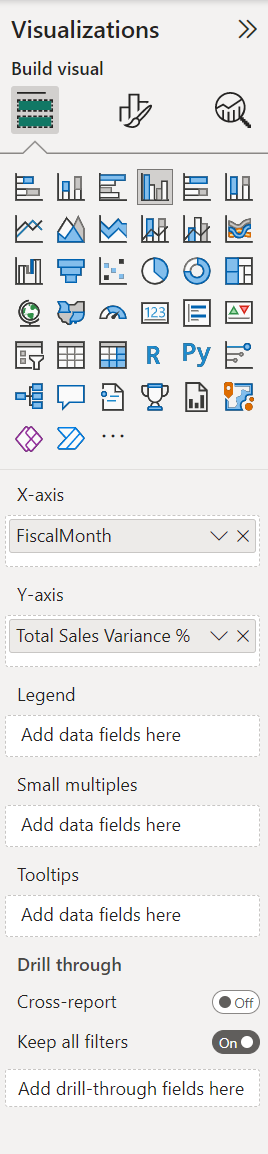 การลากฟิลด์ข้อมูลลงแกน X, แกน Y, Legend ใน Visualizations Pane