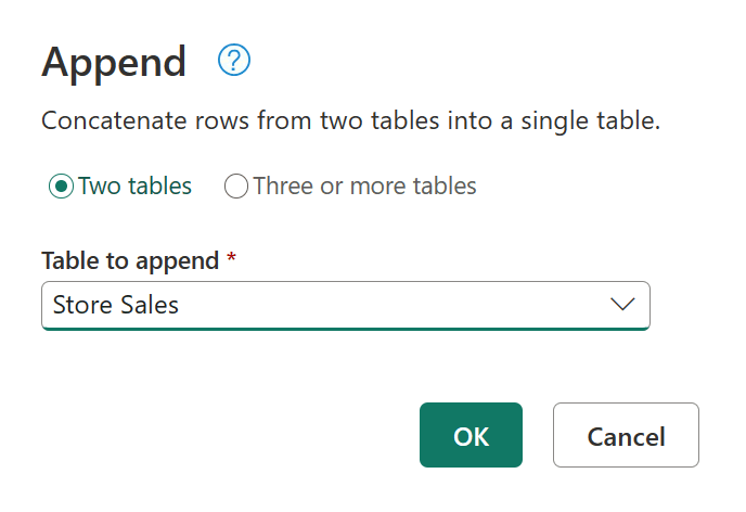 หน้าต่าง Append Queries ใน Power Query Editor สำหรับเลือกตาราง 2 ตารางหรือมากกว่าขึ้นไปเพื่อซ้อนแถวแนวตั้ง