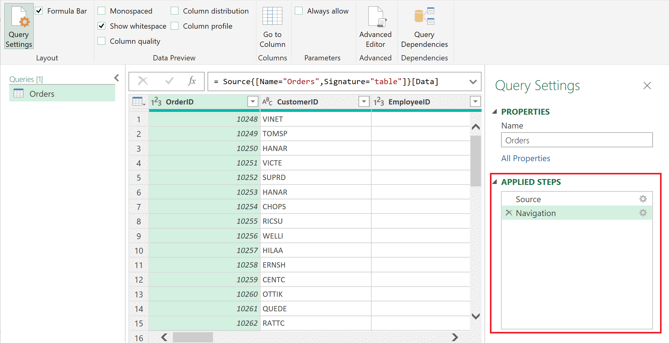 แถบ Applied Steps ในกล่อง Query Settings ของ Power Query Editor บันทึกขั้นตอนการคลีนข้อมูลเป็นลำดับชั้น