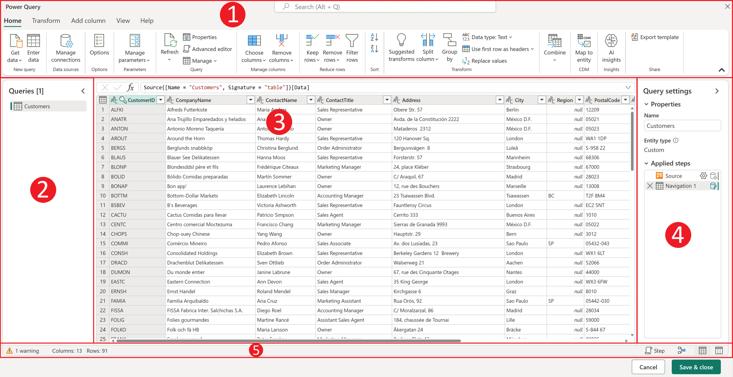หน้าต่างการทำงานของ Power Query Editor ใน Power BI Desktop แสดงแถบ Ribbon แถบ Queries และตาราง Data Preview