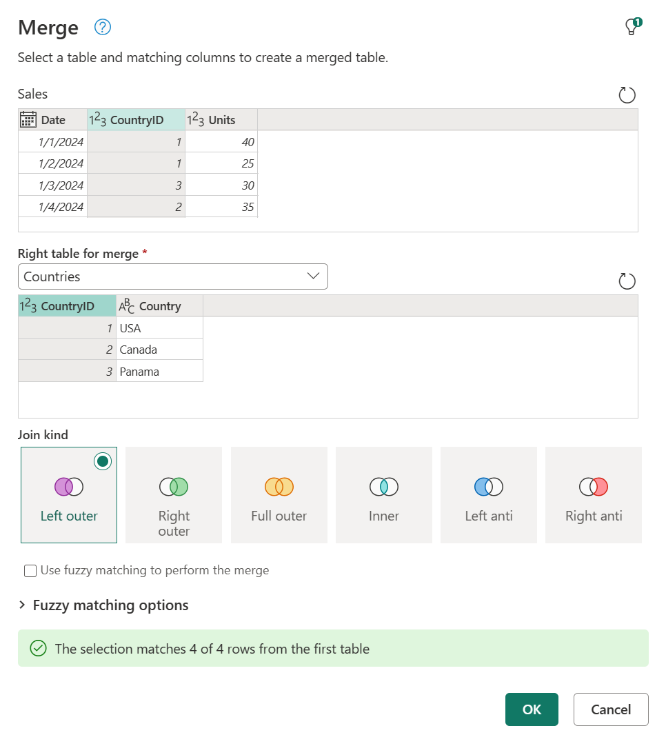 หน้าต่าง Merge Queries ใน Power Query Editor แสดงการเลือกตารางและคอลัมน์ Key สำหรับการเชื่อมโยงข้อมูล